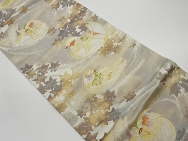 JAPANESE KIMONO / VINTAGE FUKURO OBI / WOVEN MANDARIN DUCK & MAPLE LEAVES